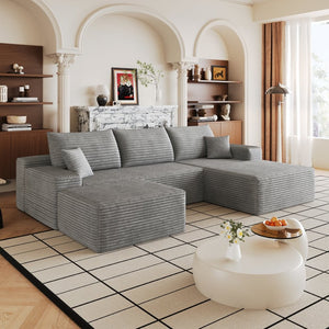 English Elm 107 Inch U-Shaped Cloud Sectional Sofa in Corduroy with Ottoman for Living Rooms Grey W2824S00316