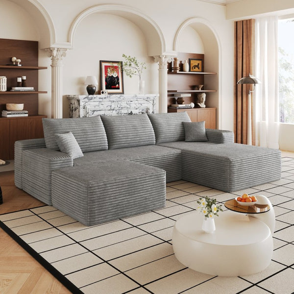 English Elm 107 Inch U-Shaped Cloud Sectional Sofa in Corduroy with Ottoman for Living Rooms Grey W2824S00316