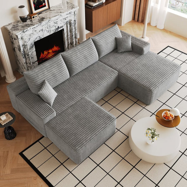 English Elm 107 Inch U-Shaped Cloud Sectional Sofa in Corduroy with Ottoman for Living Rooms Grey W2824S00316