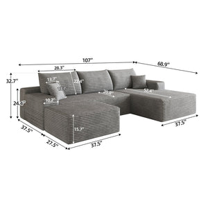 English Elm 107 Inch U-Shaped Cloud Sectional Sofa in Corduroy with Ottoman for Living Rooms Grey W2824S00316
