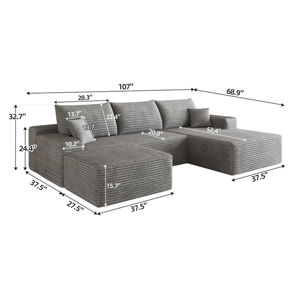English Elm 107 Inch U-Shaped Cloud Sectional Sofa in Corduroy with Ottoman for Living Rooms Grey W2824S00316