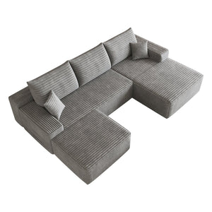 English Elm 107 Inch U-Shaped Cloud Sectional Sofa in Corduroy with Ottoman for Living Rooms Grey W2824S00316