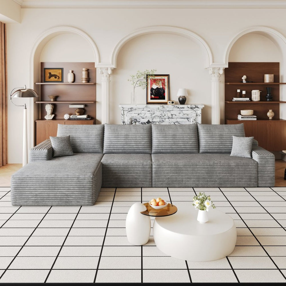 English Elm 135 Inch Modular L-Shape Sectional Sofa Corduroy Plush Deep Seat No Assembly Grey - A W2824S00317