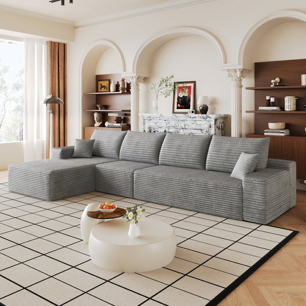 English Elm 135 Inch Modular L-Shape Sectional Sofa Corduroy Plush Deep Seat No Assembly Grey - A W2824S00317