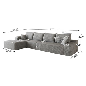 English Elm 135 Inch Modular L-Shape Sectional Sofa Corduroy Plush Deep Seat No Assembly Grey - A W2824S00317