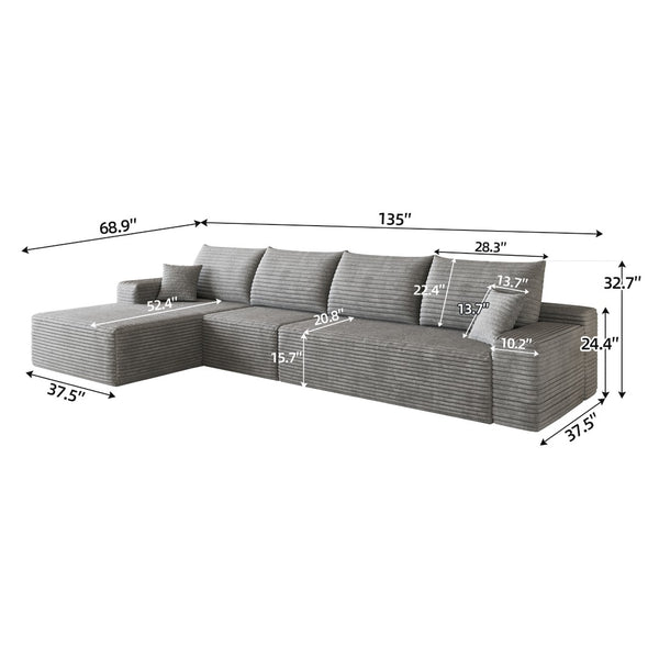English Elm 135 Inch Modular L-Shape Sectional Sofa Corduroy Plush Deep Seat No Assembly Grey - A W2824S00317