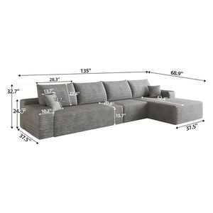 English Elm 135 Inch Modular L-Shape Sectional Sofa Corduroy Plush Deep Seat No Assembly Grey - B W2824S00318