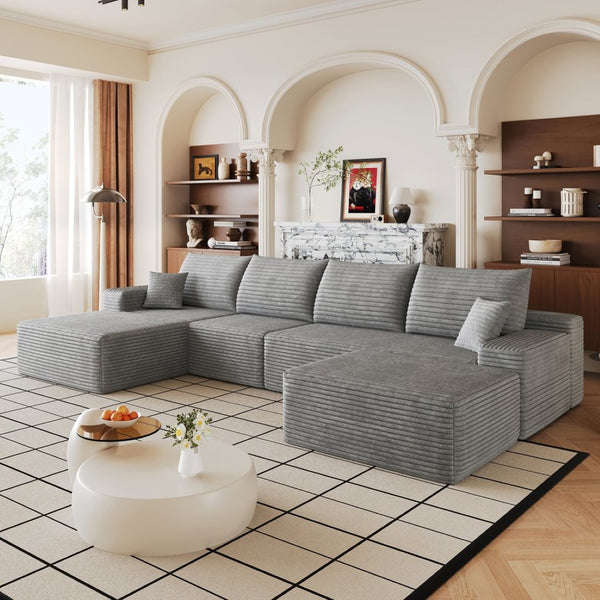 English Elm 135 Inch U Shaped Cloud Sectional Sofa Plush Corduroy Deep Seat Lounge with Ottoman W2824S00319