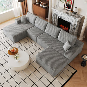 English Elm 135 Inch U Shaped Cloud Sectional Sofa Plush Corduroy Deep Seat Lounge with Ottoman W2824S00319