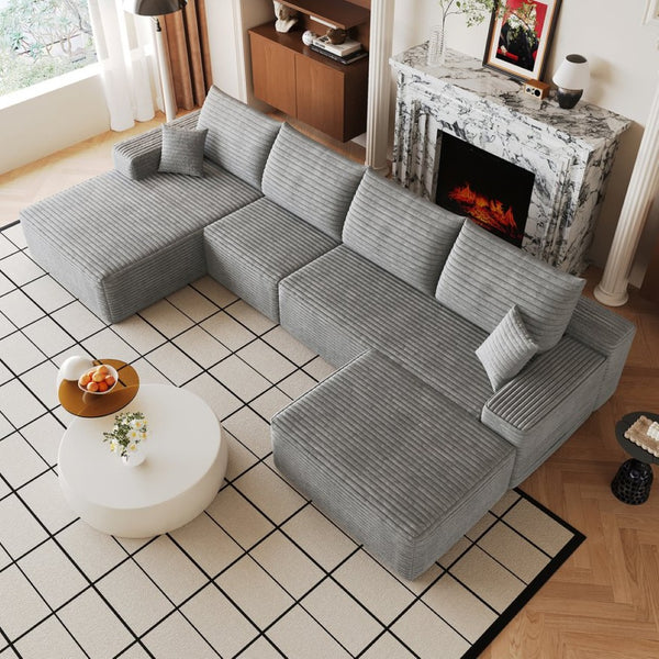 English Elm 135 Inch U Shaped Cloud Sectional Sofa Plush Corduroy Deep Seat Lounge with Ottoman W2824S00319