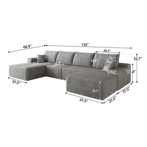 English Elm 135 Inch U Shaped Cloud Sectional Sofa Plush Corduroy Deep Seat Lounge with Ottoman W2824S00319