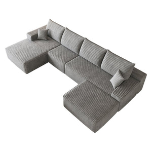 English Elm 135 Inch U Shaped Cloud Sectional Sofa Plush Corduroy Deep Seat Lounge with Ottoman W2824S00319