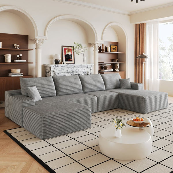 English Elm 135 Inch U Shaped Cloud Sectional Plush Corduroy Deep Seat Sofa with Ottoman Included W2824S00320