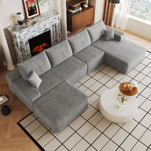 English Elm 135 Inch U Shaped Cloud Sectional Plush Corduroy Deep Seat Sofa with Ottoman Included W2824S00320
