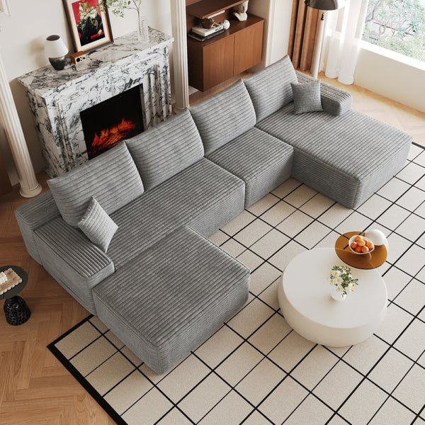 English Elm 135 Inch U Shaped Cloud Sectional Plush Corduroy Deep Seat Sofa with Ottoman Included W2824S00320
