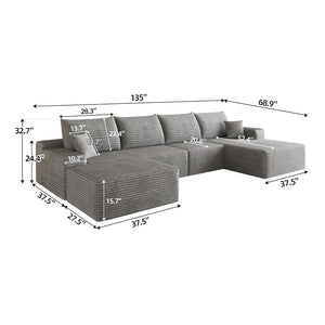 English Elm 135 Inch U Shaped Cloud Sectional Plush Corduroy Deep Seat Sofa with Ottoman Included W2824S00320