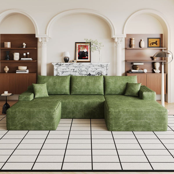 English Elm 107 Inch U Shaped Cloud Sectional with Ottoman Corduroy Plush Deep Seat Lounge Sofa W2824S00324