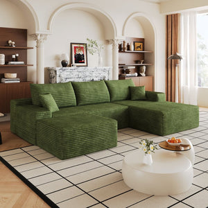 English Elm 107 Inch U Shaped Cloud Sectional with Ottoman Corduroy Plush Deep Seat Lounge Sofa W2824S00324