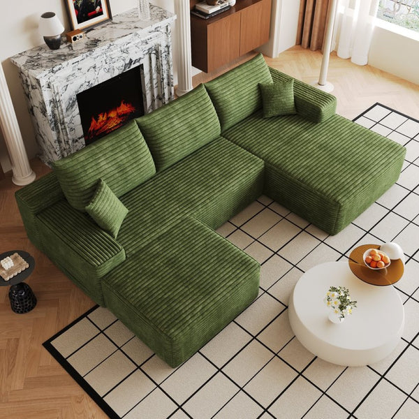 English Elm 107 Inch U Shaped Cloud Sectional with Ottoman Corduroy Plush Deep Seat Lounge Sofa W2824S00324