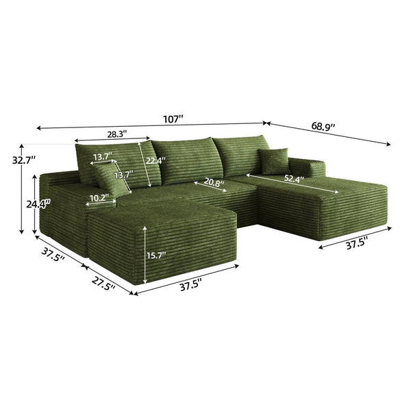 English Elm 107 Inch U Shaped Cloud Sectional with Ottoman Corduroy Plush Deep Seat Lounge Sofa W2824S00324