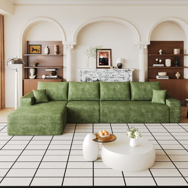 English Elm 135 Inch L-Shape Cloud Sectional with Corduroy Upholstery Deep Lounge Seat Fully Assembled Green - A W2824S00325