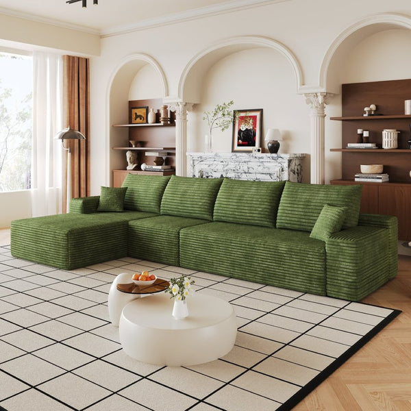 English Elm 135 Inch L-Shape Cloud Sectional with Corduroy Upholstery Deep Lounge Seat Fully Assembled Green - A W2824S00325
