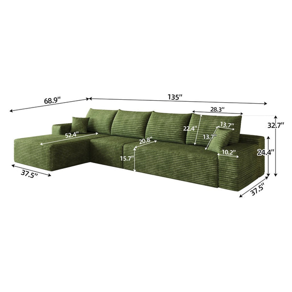 English Elm 135 Inch L-Shape Cloud Sectional with Corduroy Upholstery Deep Lounge Seat Fully Assembled Green - A W2824S00325