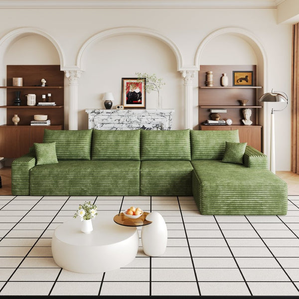 English Elm 135 Inch L-Shape Cloud Sectional with Corduroy Upholstery Deep Lounge Seat Fully Assembled Green - B W2824S00326