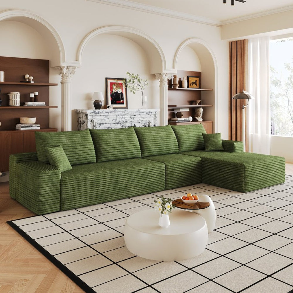 English Elm 135 Inch L-Shape Cloud Sectional with Corduroy Upholstery Deep Lounge Seat Fully Assembled Green - B W2824S00326