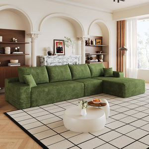 English Elm 135 Inch L-Shape Cloud Sectional with Corduroy Upholstery Deep Lounge Seat Fully Assembled Green - B W2824S00326
