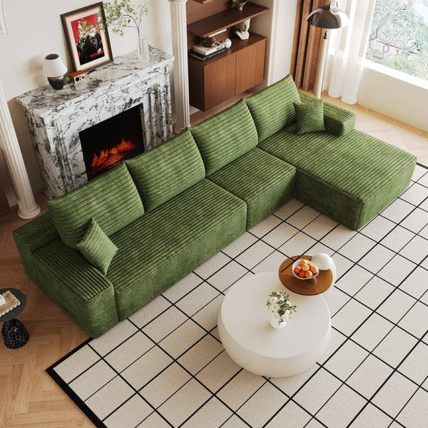 English Elm 135 Inch L-Shape Cloud Sectional with Corduroy Upholstery Deep Lounge Seat Fully Assembled Green - B W2824S00326