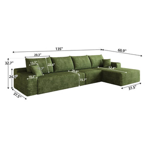English Elm 135 Inch L-Shape Cloud Sectional with Corduroy Upholstery Deep Lounge Seat Fully Assembled Green - B W2824S00326