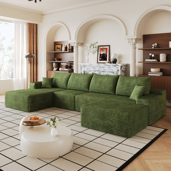 English Elm 135 Inch U Shaped Sectional Sofa in Plush Corduroy No Assembly Modern Living Room With Ottoman W2824S00327