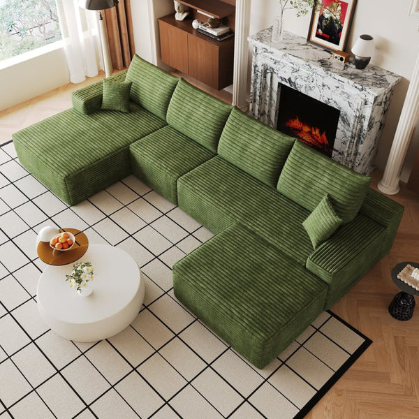 English Elm 135 Inch U Shaped Sectional Sofa in Plush Corduroy No Assembly Modern Living Room With Ottoman W2824S00327