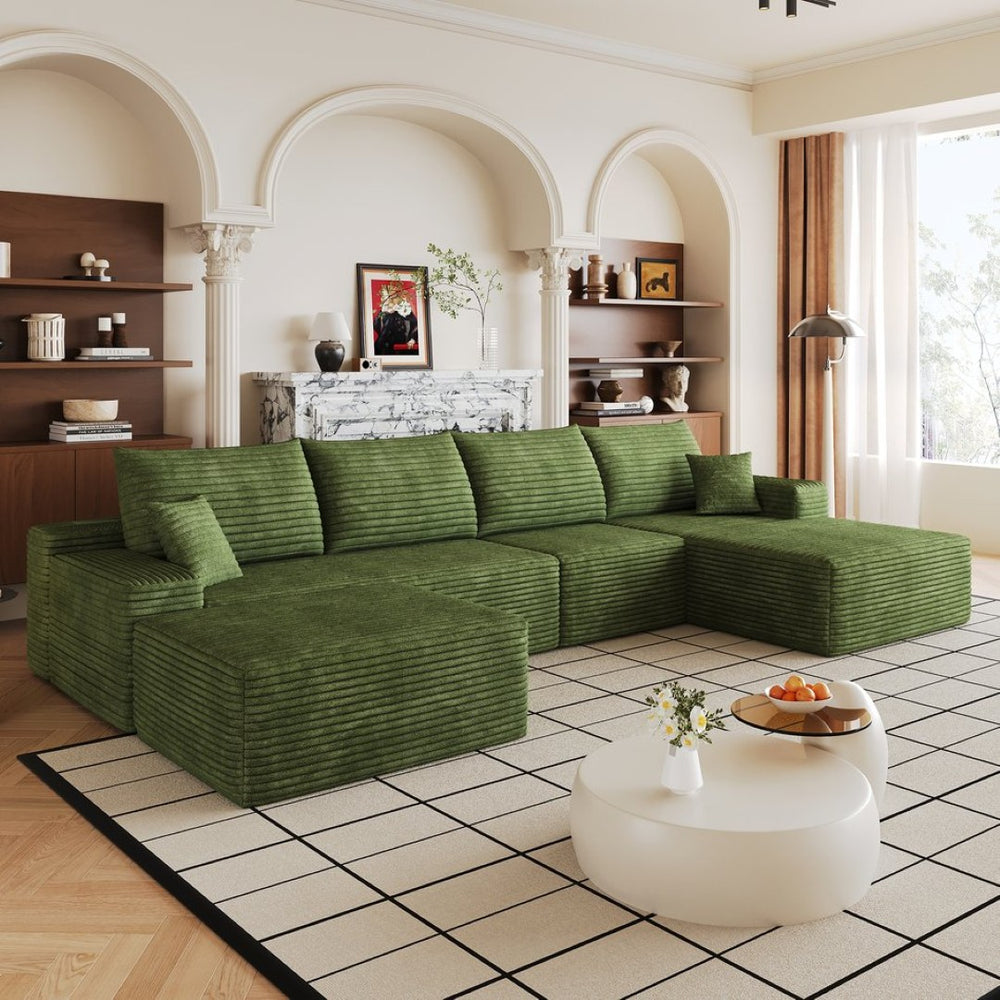 English Elm 135 Inch U Shaped Sectional Sofa in Plush Corduroy No Assembly Modern Living Room Without Ottoman W2824S00328