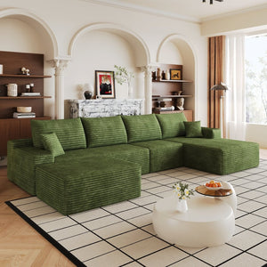 English Elm 135 Inch U Shaped Sectional Sofa in Plush Corduroy No Assembly Modern Living Room Without Ottoman W2824S00328