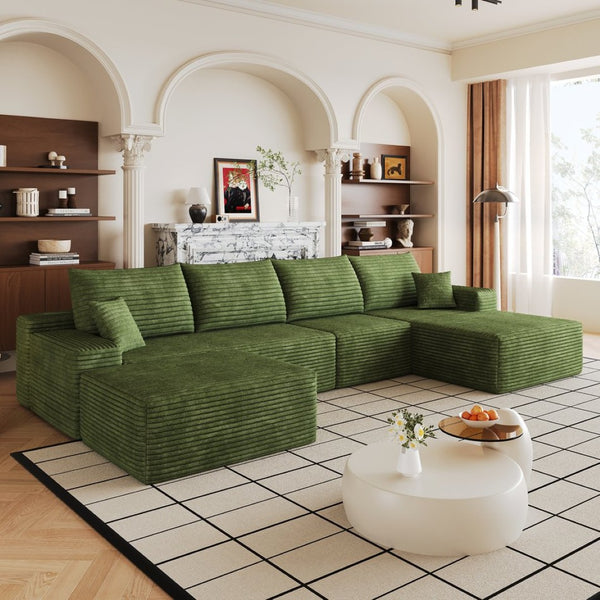 English Elm 135 Inch U Shaped Sectional Sofa in Plush Corduroy No Assembly Modern Living Room Without Ottoman W2824S00328