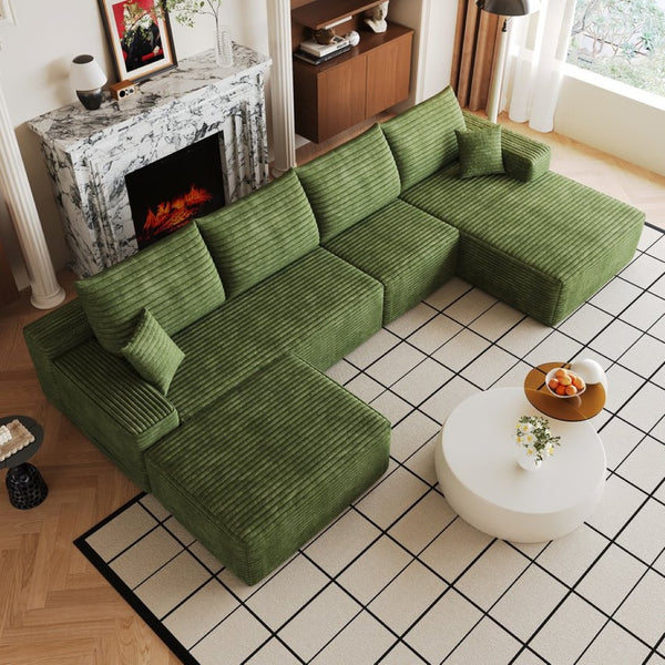 English Elm 135 Inch U Shaped Sectional Sofa in Plush Corduroy No Assembly Modern Living Room Without Ottoman W2824S00328
