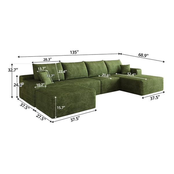English Elm 135 Inch U Shaped Sectional Sofa in Plush Corduroy No Assembly Modern Living Room Without Ottoman W2824S00328