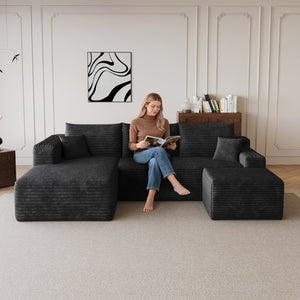 English Elm 95 Inch U Shaped Sectional Sofa with Ottoman Plush Corduroy Deep Seat Modern Lounge W2824S00329