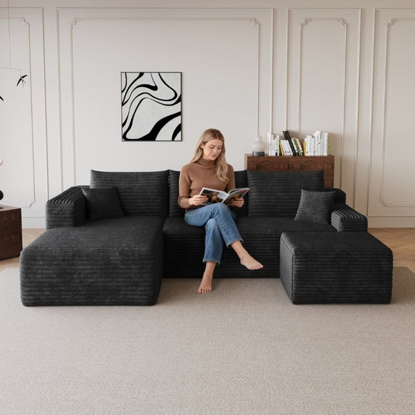 English Elm 95 Inch U Shaped Sectional Sofa with Ottoman Plush Corduroy Deep Seat Modern Lounge W2824S00329