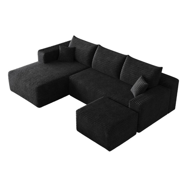 English Elm 95 Inch U Shaped Sectional Sofa with Ottoman Plush Corduroy Deep Seat Modern Lounge W2824S00329