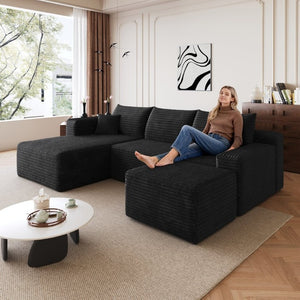 English Elm 95 Inch U Shaped Sectional Sofa with Ottoman Plush Corduroy Deep Seat Modern Lounge W2824S00329
