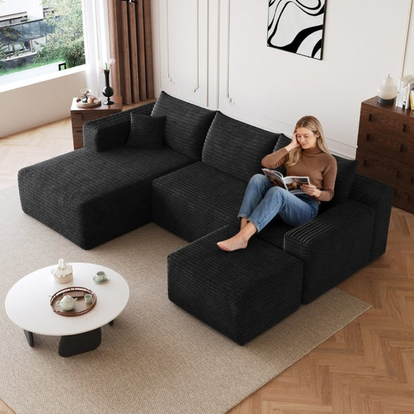 English Elm 95 Inch U Shaped Sectional Sofa with Ottoman Plush Corduroy Deep Seat Modern Lounge W2824S00329