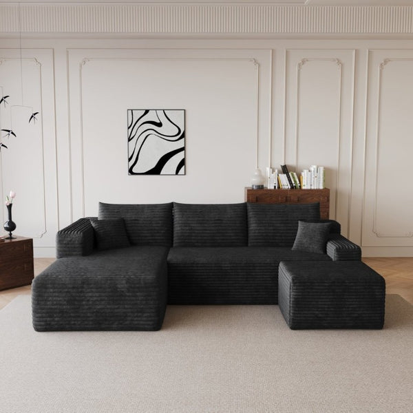 English Elm 95 Inch U Shaped Sectional Sofa with Ottoman Plush Corduroy Deep Seat Modern Lounge W2824S00329