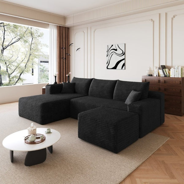 English Elm 95 Inch U Shaped Sectional Sofa with Ottoman Plush Corduroy Deep Seat Modern Lounge W2824S00329