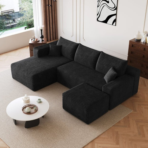 English Elm 95 Inch U Shaped Sectional Sofa with Ottoman Plush Corduroy Deep Seat Modern Lounge W2824S00329