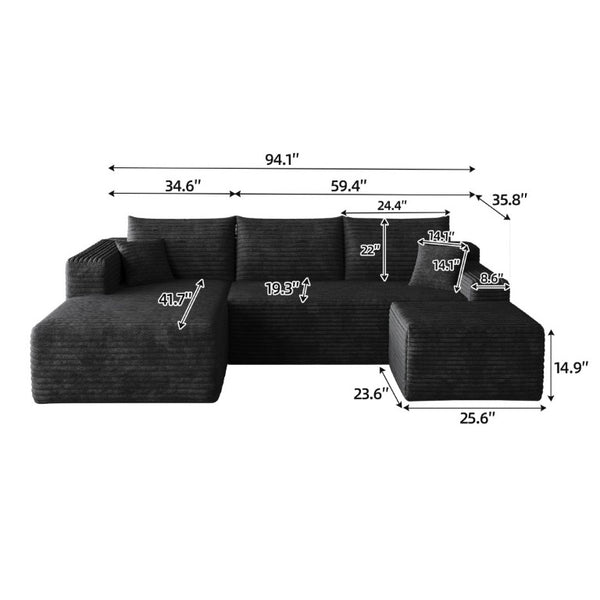English Elm 95 Inch U Shaped Sectional Sofa with Ottoman Plush Corduroy Deep Seat Modern Lounge W2824S00329