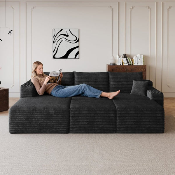 English Elm 95 Inch U Shaped Sectional Sofa with Ottomans Plush Corduroy Modern Living Room Couch W2824S00330