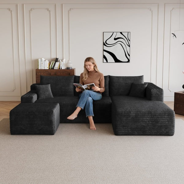 English Elm 95 Inch U Shaped Sectional Sofa Deep Cloud Seat Corduroy Upholstered Modern Lounge W2824S00331